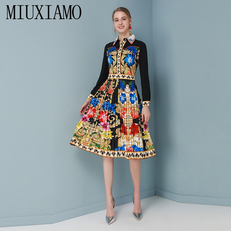 MIUXIMAO, высокое качество, осень и весна, платье с цветочным принтом, бриллиантами, складками, офисное, женское, элегантное, Повседневное платье