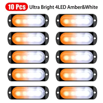 

10Pcs Amber White Car Truck 4 Led Emergency Flash Warning Strobe Light Kit Bar