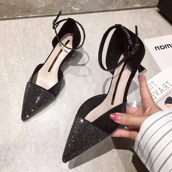 

kmeioo summer fashion jewel shoes woman pointed toe kitten heels ankle strap sandals bling dress shoes