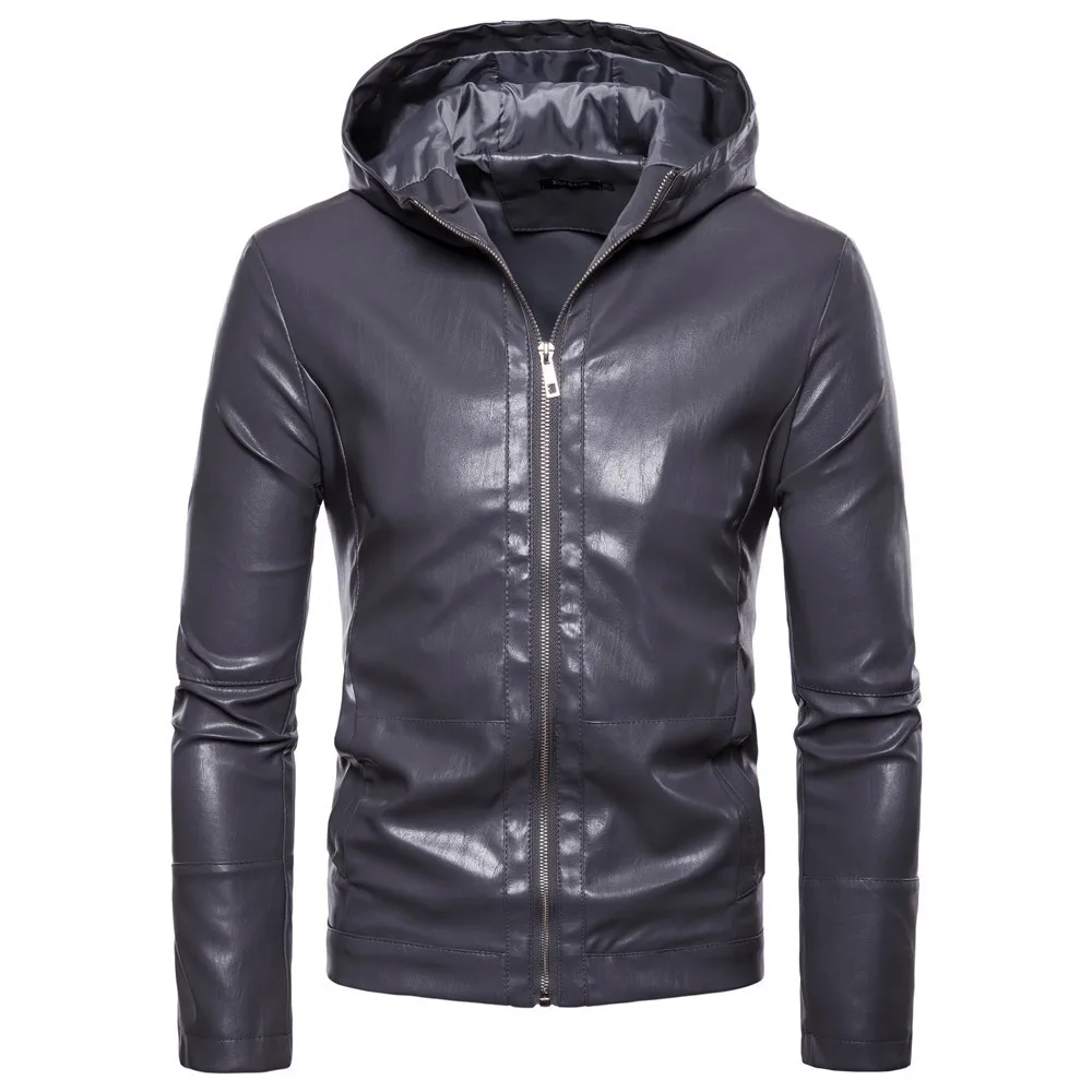 

2018 Autumn And Winter AliExpress New Style Europe And America Men Slim Fit Locomotive Leather Coat Solid Color Hooded Leather J