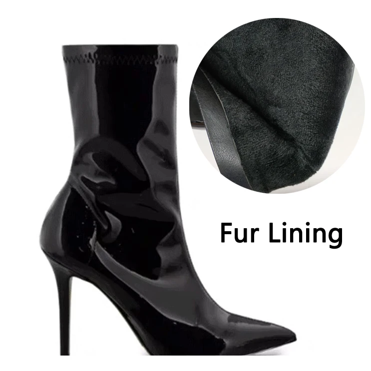 Fur Lining Роскошные брендовые ботинки из лакированной кожи; женские пикантные ботинки до середины икры; женские ботинки на высоком каблуке из зеркальной кожи; Botas Mujer - Цвет: Fur Lining