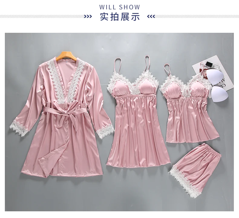 4 шт., женский кружевной комплект для сна, сексуальное ночное белье, Шелковый Атласный халат, платье+ пижамный комплект, элегантная Домашняя одежда с нагрудными накладками