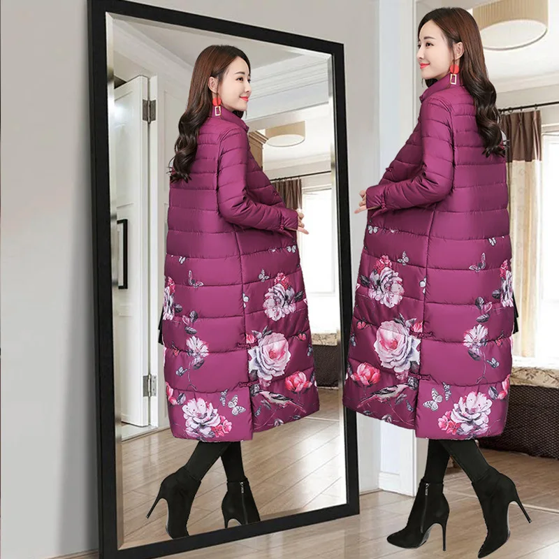 

Fashion Long Winter Cotton-padded Clothes Female Winter Coat 2018 New Style Stand Collar Retro Frog Printed Slimming Cotton Coat