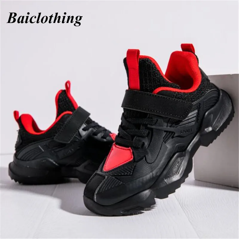 black red Новая детская обувь осень-зима модные брендовые Повседневные Дышащие уличные Детские кроссовки Легкие беговые кроссовки для мальчиков Размер 28-39 - Цвет: black red