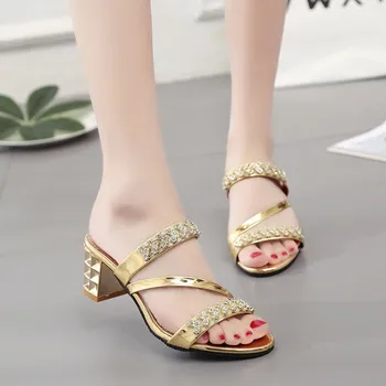 

2020 Summer New Style Sandals Chunky Heel Man-made Diamond WOMEN'S Slippers Women's Semi-high Heeled Sandals WOMEN'S