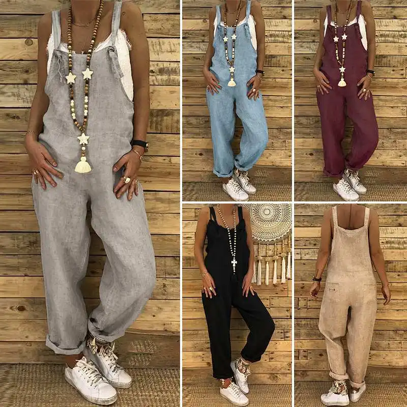 

S 5XL ZANZEA 2019 Women Casual Solid Strappy Dungarees Vintage Cotton Linen Loose Party Long Harem Overalls Rompers Jumpsuits