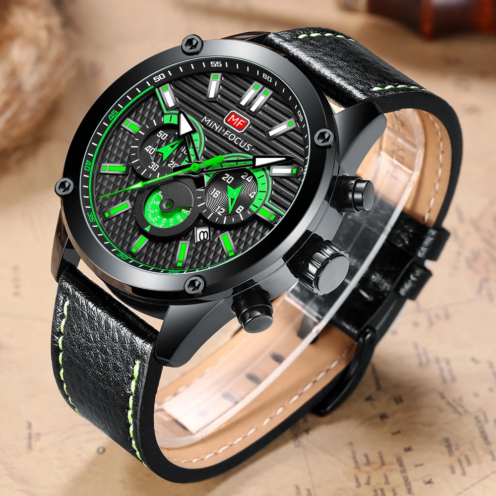 MINI FOCUS Sport Watches For Men Watch Military Leather Watch Men Luminous Chronograph Man Watch 2019 Brand Luxury Wristwatch