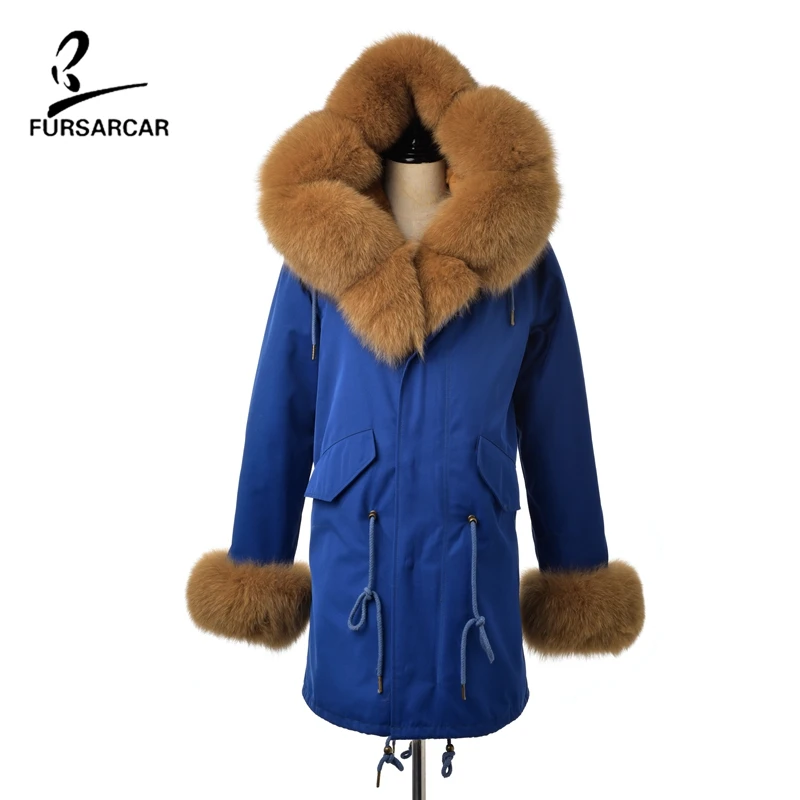 FURSARCAR новая синяя зимняя утепленная парка для женщин модный роскошный Съемный натуральный Лисий меховой воротник с капюшоном куртки и пальто