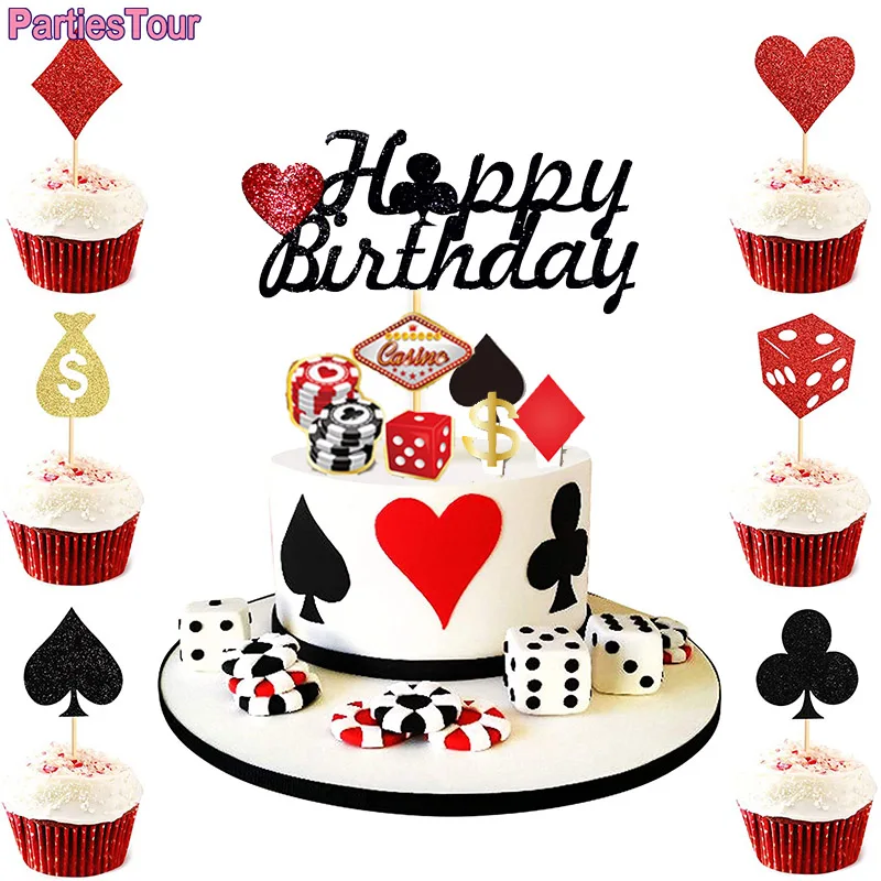 Decoración Para temática de fiesta de Casino, adorno de papel para pasteles, fiesta de Casino, feliz cumpleaños, pastel, Bandera de baño para bebé, decoración de tartas de póker