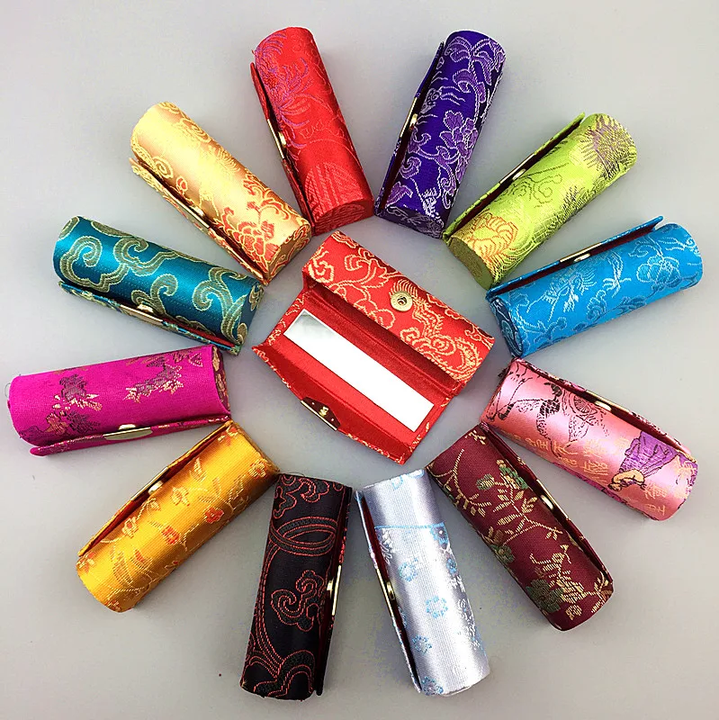 

12pcs Mini Chinese style Silk Brocade Party Favor Candy Box with Mirrored Jewelry Case Lipstick Storage Tube Lip gloss Packaging