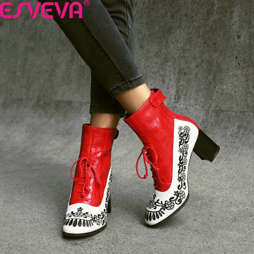 

ESVEVA 2020 PU Leather Mixed Color Embroidery Fashion Ankle Boots Square Heel Round Toe Lace Up Zipper Women Shoes Big Size34-43