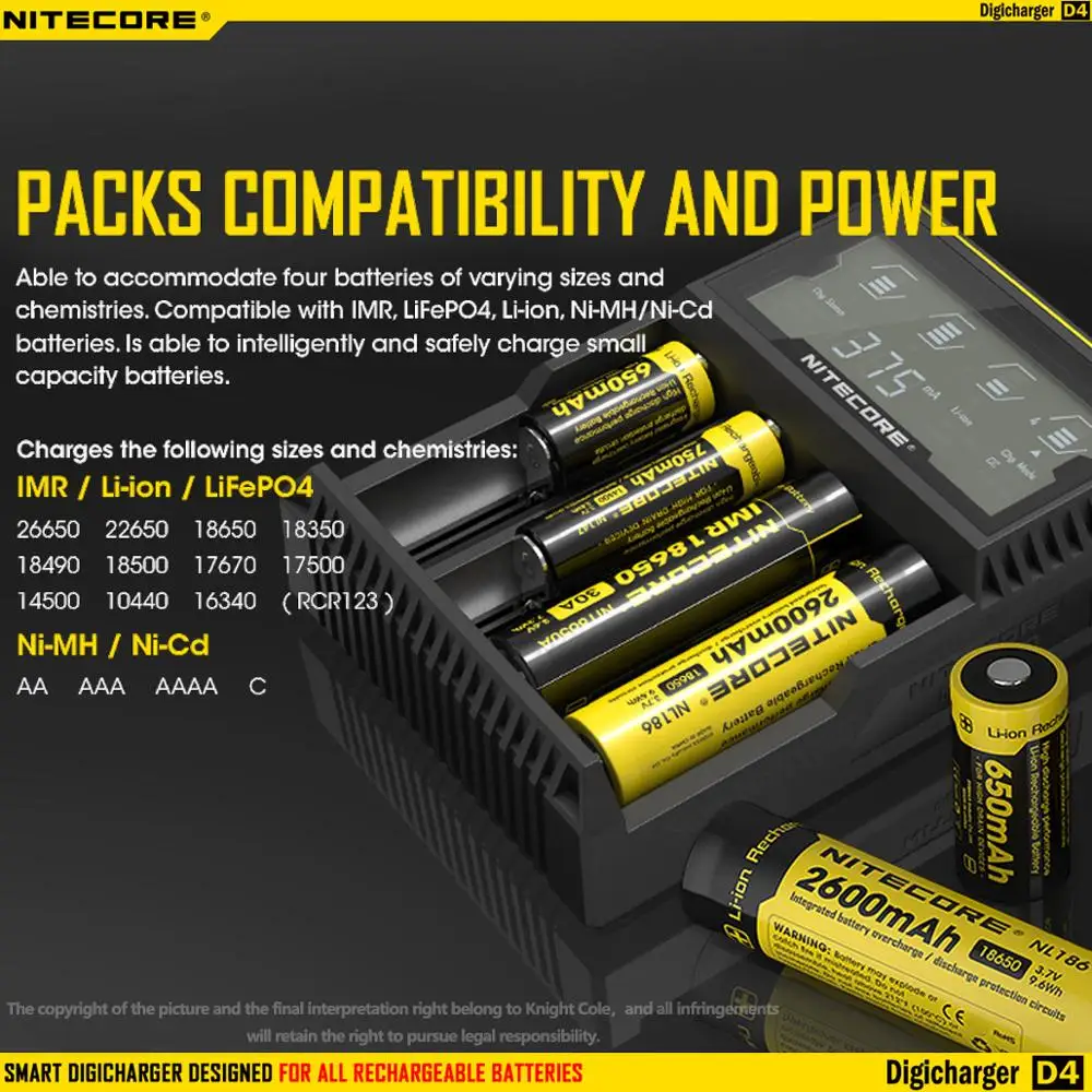 Original Nitecore D4 Battery Charger LCD Smart Charging for 18650 14500 16340 26650 Batteries 12V Charger for A AA AAA Batteries battery charger battery charger adapter