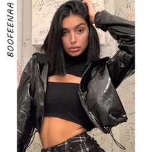 BOOFEENAA Женская куртка из искусственной кожи черного цвета короткие куртки и куртки с капюшоном на молнии с капюшоном C67-AI66