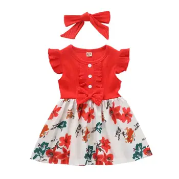 

Summer Baby Girls Casual Floral Print Patchwork Cotton Single Breasted Dress Headband Sets 2020.