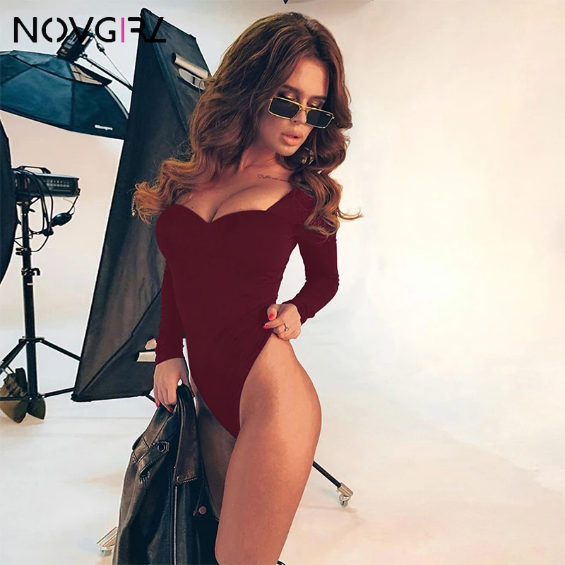 Novgirl/женское боди из эластичного хлопка с v-образным вырезом; коллекция года; сезон осень-зима; Лидер продаж; однотонные топы с глубоким вырезом; сексуальный комбинезон; праздничные белые комбинезоны