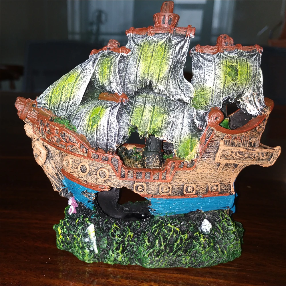 Aquarium Junk Decoration Resin Boat Fish Tank Vintage Hollow Pirate Sailboat with Base Handmade Ornament Wreck Sunk Ship