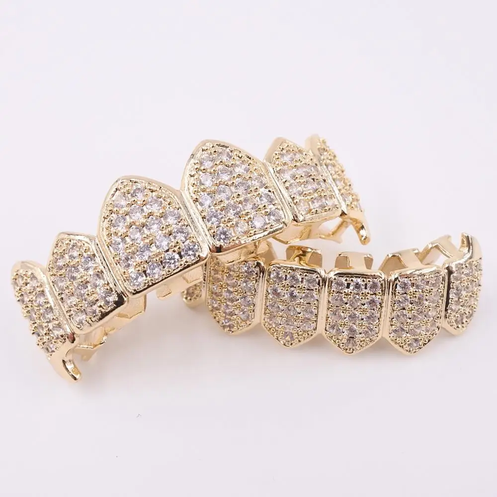 Hiphop grillz teeth aaa cz micro pave brass grills tooth fang vampire bling jewelry unisex top bottom gold silver rap