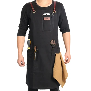 

WEEYI Canvas Work Shop Apron Waterdrop Resistant Cross Back Genuine Leather Strap With Towel Loop Fits Small to XXL Unisex