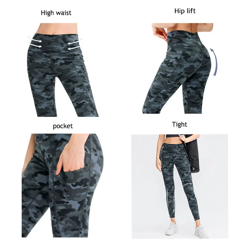 Lovmove Women High Waist Yoga Pants with Pocket Camouflage Leggings Female Camo Girl Running Tights Gym Pant Sport Trousers