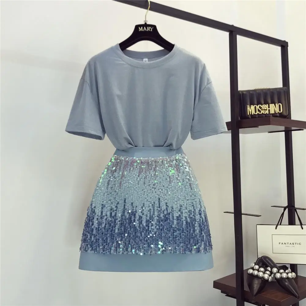 

Summer Female Fashion T-shirt and Mini Skirt Suits Sky Blue O-neck Short Sleeve Two Piece Set