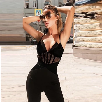 

2019 Fashion Black Bandage Jumpsuit Spaghetti Strap V Neck Solid Backless Summer Women Club Good Quality Hollow Out Wholesale