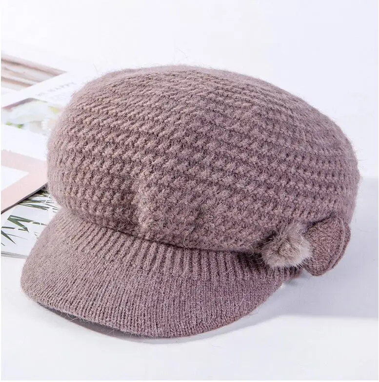 Зимний стиль, женские шапки, вязаный вентилятор, шарик с листиками шапка из кроличьей шерсти, изысканное украшение, шапка, двойная теплая шапка, одноцветная шапка - Цвет: khaki