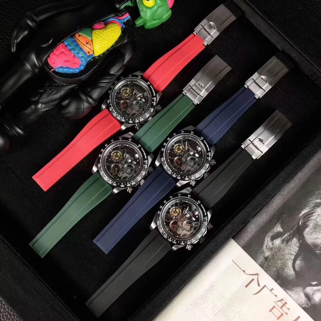 

Luxury Brand New Silver Black Blue Rubber Skeleton Automatic Mechanical Stainless Steel Men Watches Sapphire Ceramic Bezel Watch