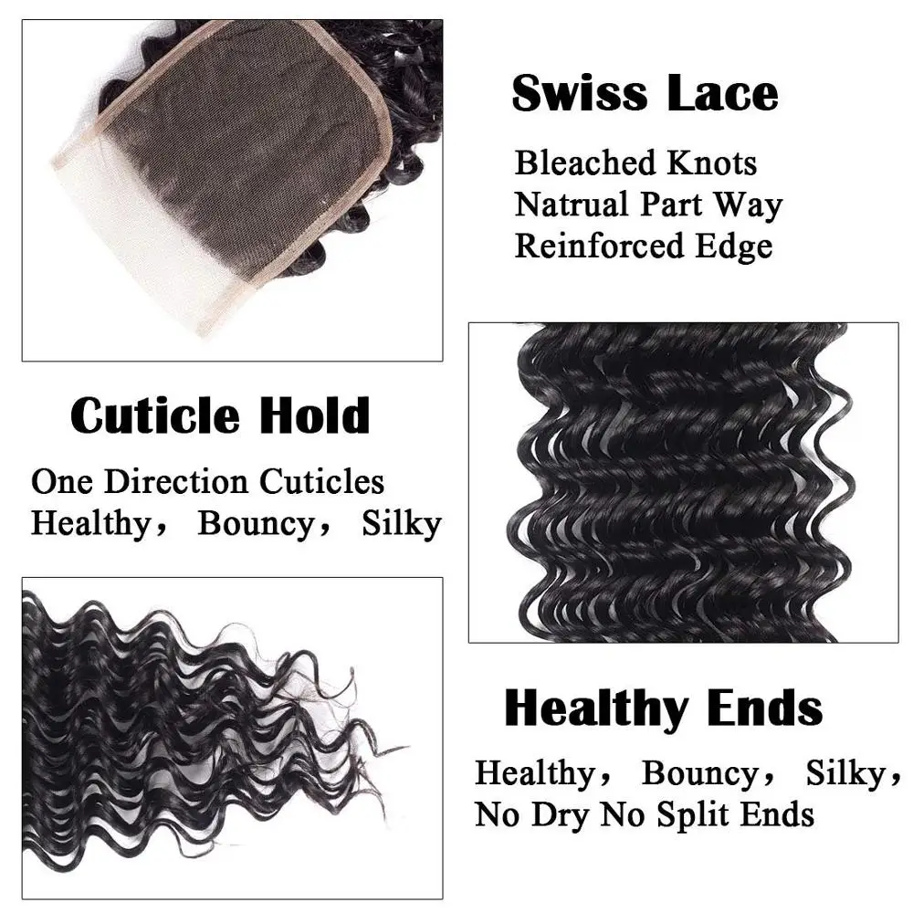 Liddy Bundles With Closure Brazilian Deep Wave Hair Bundles With Closure 100% Human Hair Natural Color Non-remy Hair Extensions