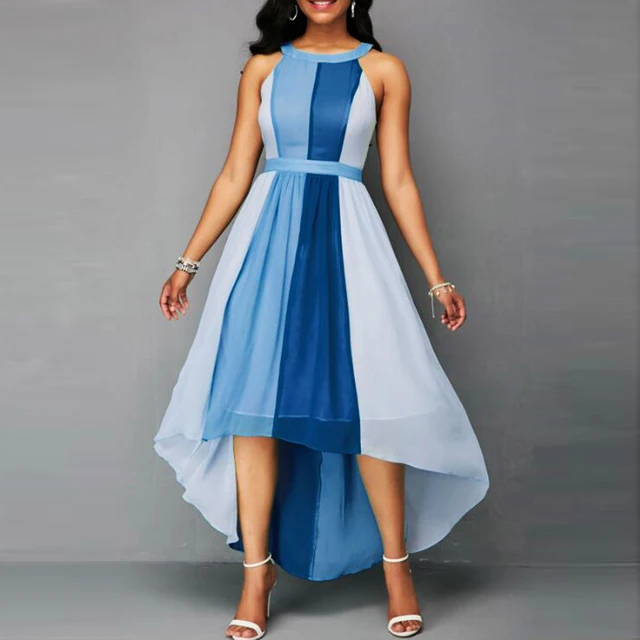 Chiffon Off Shoulder Contrast Color Patchwork Asymmetrical Maxi Dresses 2