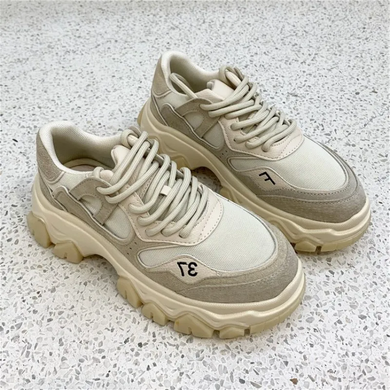 beige Дизайнерская Женская обувь на толстой платформе; беговые кроссовки на шнуровке; Повседневная Уличная обувь на шнуровке из натуральной кожи; кроссовки в стиле пэчворк - Цвет: beige