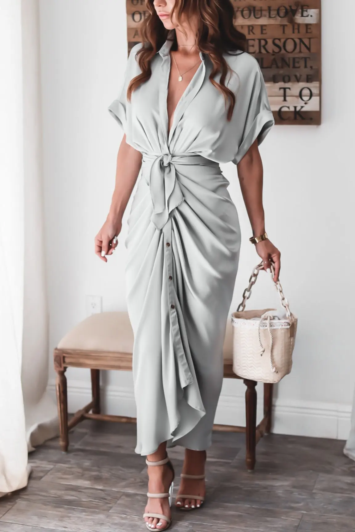 2021 New summer Office lady maxi long dresses satin fashion commuting shirtdresses solid color Casual elegant dress for women dress shops