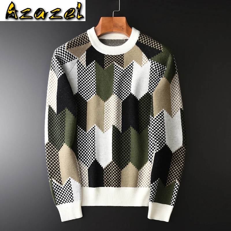 

Minlgu Contrast Color Wool Sweater Male Luxury Geometric Round Collar Slim Fit Mens Sweaters Plus Size 4xl Pullover Men Sweater