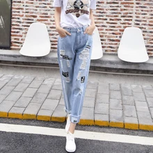 Женские джинсы, корейская мода, с дырками, бренд, осень, с буквенным принтом, хит, женские джинсы с высокой талией, женские широкие синие джинсовые штаны-шаровары