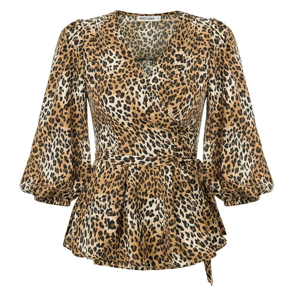 

Women Shirts Wrap Front Tops 3/4 Puff Sleeves Tops Summer Leopard Sexy Lace-up Surplice V-Neck Peplum Hem Shirts Female Lady