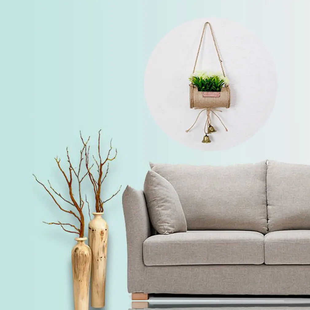 Pastoral Artificial Hanging Flower Knotted Macrame Plant Flower Pot Basket Wall Linen Flowerpot for Home Office Decoration