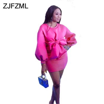 

Two Piece Set Tracksuits Fall Outfits Women O Neck Long Puff Sleeve Bow Tops and Bodycon Mini Pencil Skirt Solid Sweat Suits