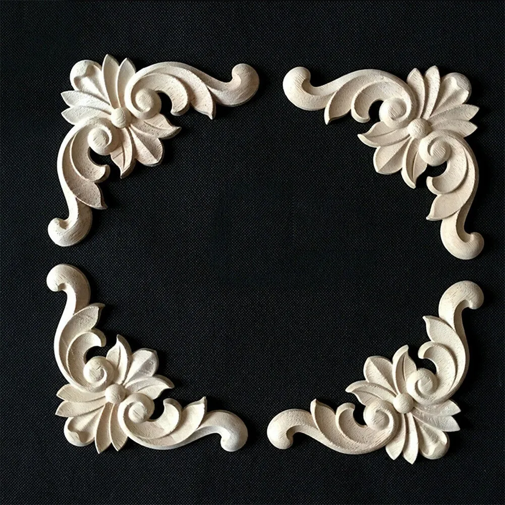 Wooden Carved Corner Onlay Furniture Applique Mouldings Decal DIY Home Decor Decorate Board Cabinets Furiture 4PC ornament crafts wooden figurine crafts glass fruit pendants