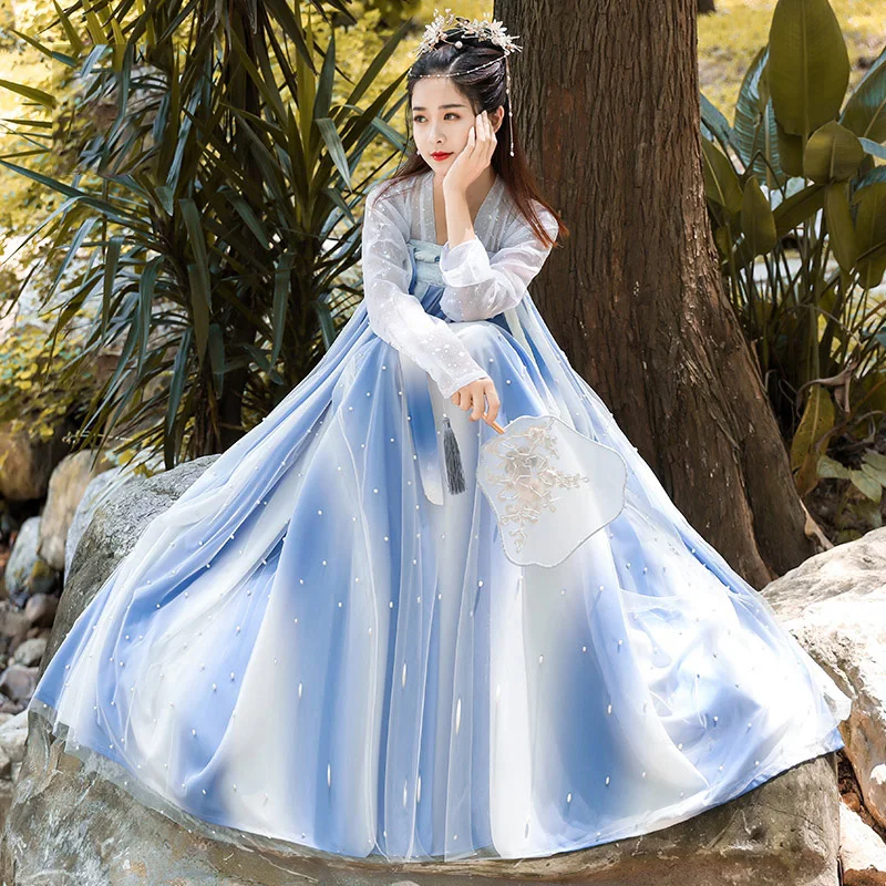 Женское сказочное платье Hanfu синего цвета с вышивкой костюм для классических