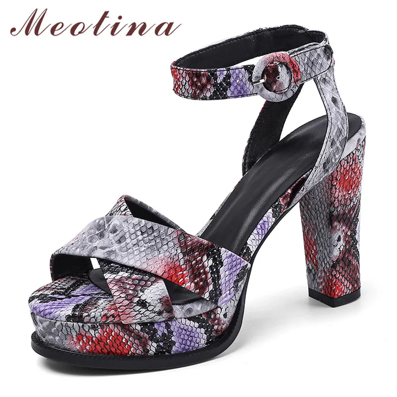 

Meotina Summer Sandals Women Shoes Snake Print Square Heels Ankle Strap Shoes Buckle Super High Heel Sandals Lady Red Size 34-42