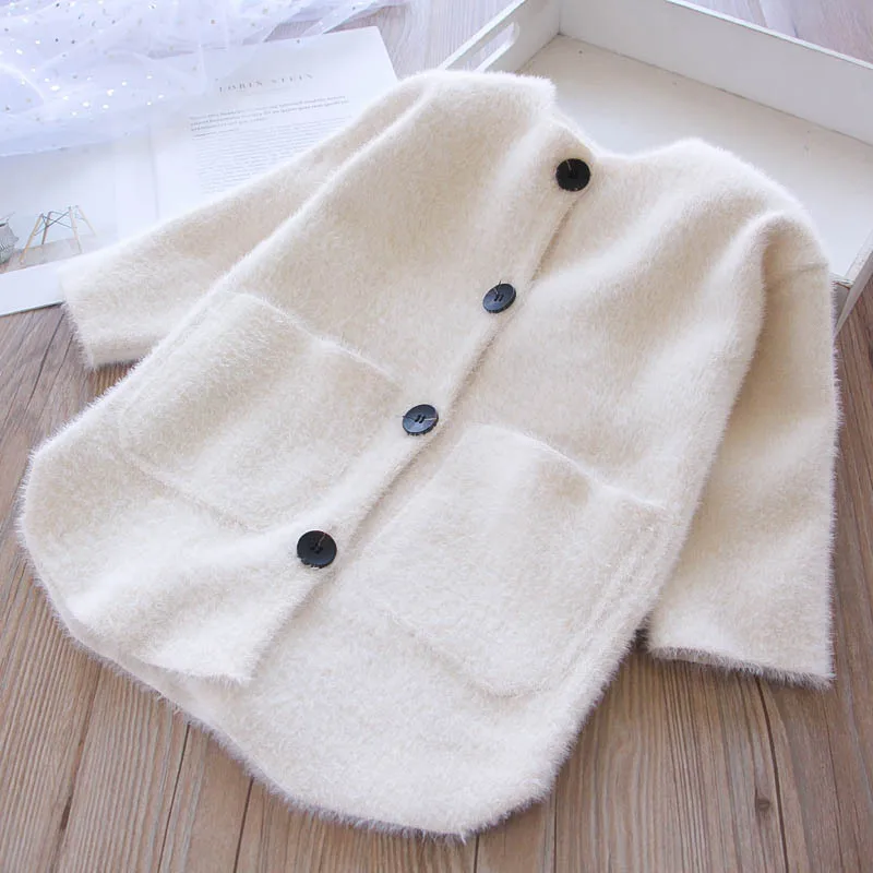 

324365 New Style Girls Double Pocket Mink-like Velvet Knitted Casual Child Cardigan 2.1 Childrenswear