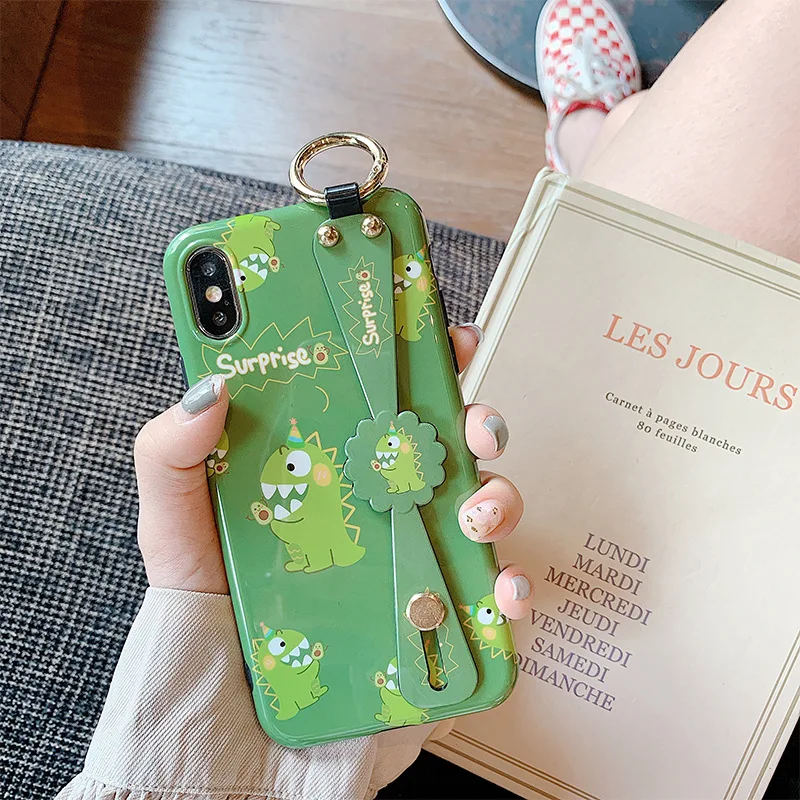 

Suitable for Cartoon Avocado Dinosaur Wrist Strap iPhone X Phone Case with Stand 6 SPlus/8 P Silica Gel Soft Cover IP