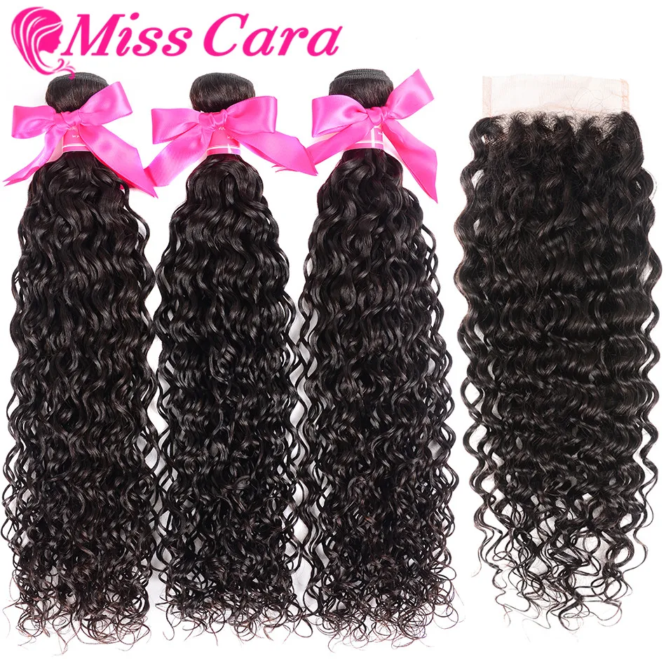 

Malaysian Water Wave With Closure 100% Human Hair 3/4 Bundles With Closure Middle/ Free Part Closure Miss Cara Remy Hair Weaves