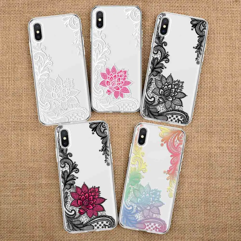 Ультратонкий кружевной чехол для телефона с цветочным рисунком прозрачный