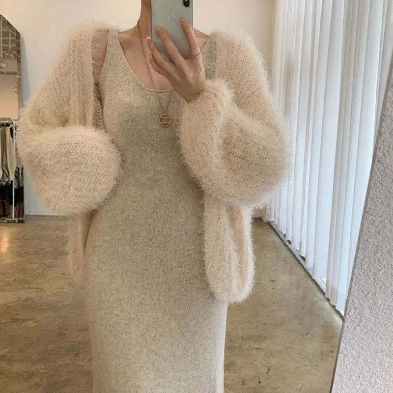 

Ladies Cardigan Sweater 2020 Autumn Winter Korean Fashion Loose Plush Short Coat + V-Neck Knit Vest Dress Female Two-Piece Suit