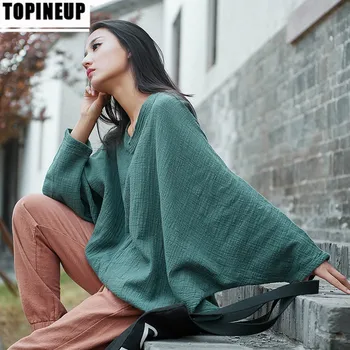 

Women's Retro casual solid color lantern sleeves Cotton and Linen V-neck Bat T-shirt