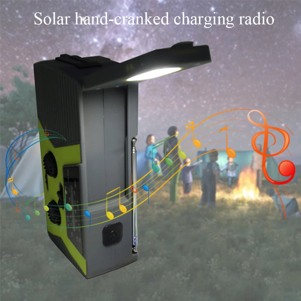

Emergency Camping Hiking SOS Alarm With Flashlight Multifunctional USB Rechargeable Weather Led ABS Hand Crank Solar Radio AM FM