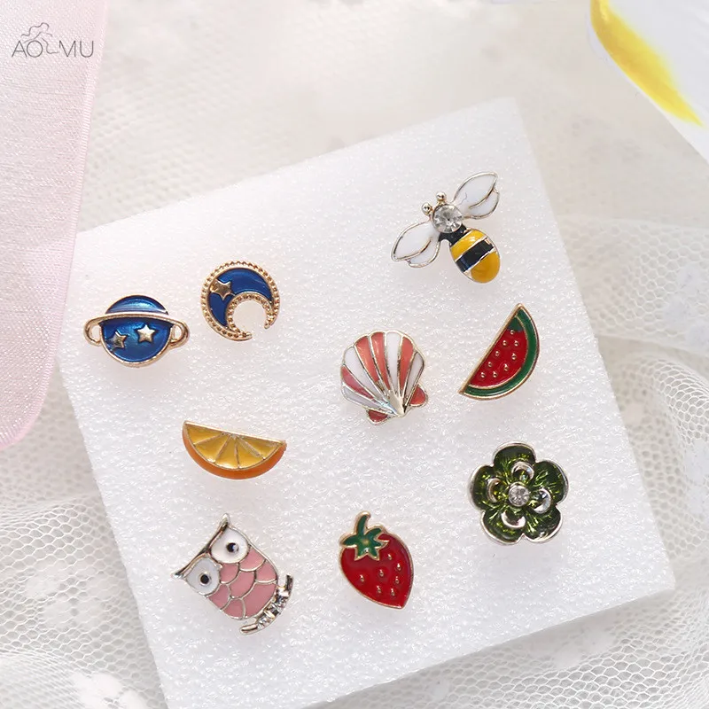 

AOMU New Korean Cute Fruit Strawberry Bee Flower Starshell Owl Animal Enamel Mini Stud Earrings for Women Gifts Party Jewelry
