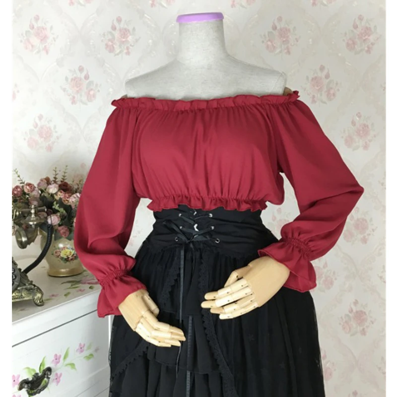 Wine Red Long Sleeve Женские средневековые Лолита Топы Kawaii шифоновый с открытыми плечами вечерние костюмы для косплея Ренессанс принцесса короткий/длинный рукав блузка - Цвет: Wine Red Long Sleeve