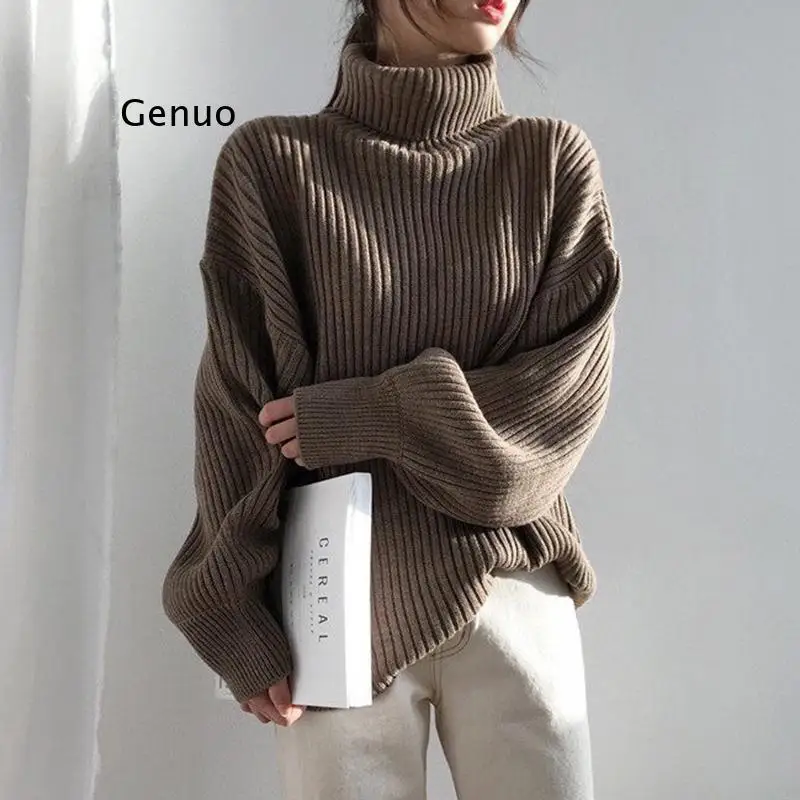 

Vintage Thicken Striped Women Sweaters Autumn Winter Turtleneck Pullovers Jumpers Female Korean Knitted Tops femme