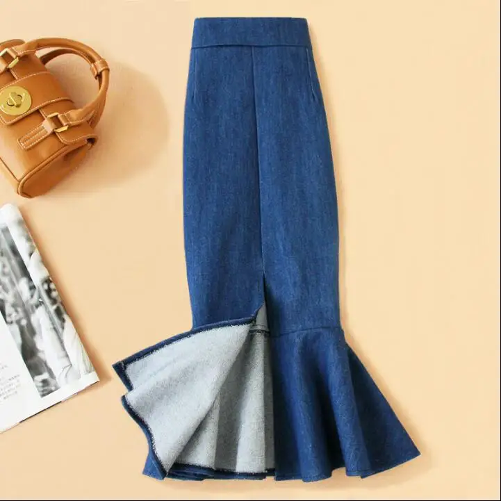 Размера плюс 4XL! Асимметричная юбка рыбий хвост, высокая талия, женская осенняя и зимняя одежда, облегающая бедра, один шаг, ковбойская Офисная Женская юбка, юбка TB3772